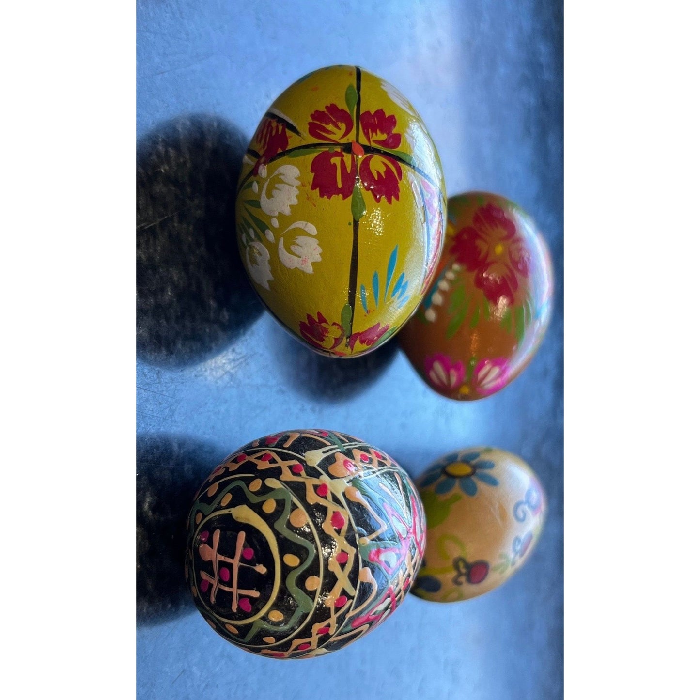 Vtg 1960's Handmade Hand Painted Wooden Eggs Set 4 Easter Gift Ukrainian Traditional Pysanky