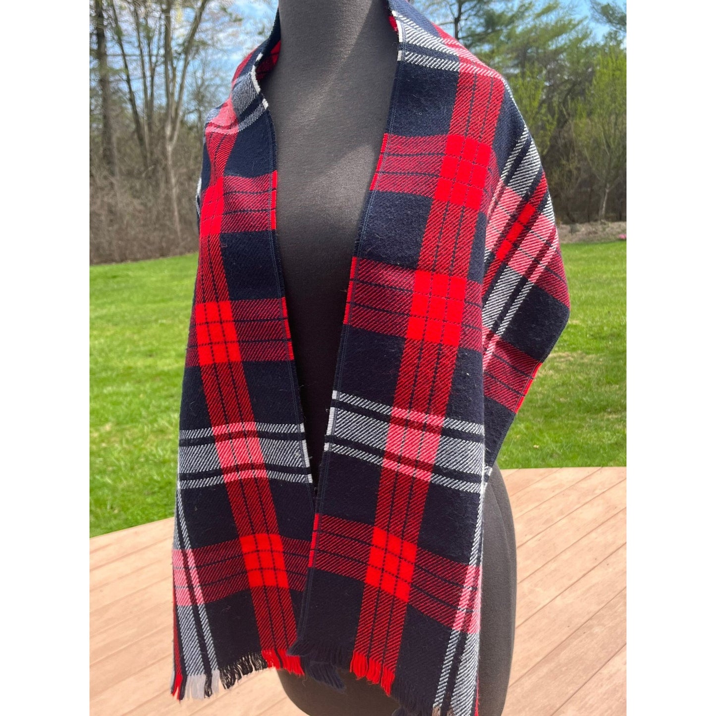 Vtg 1970's Scarf Navy Red White Scottish Plaid Made In USA 100% Superfine Acrylic 62" x 11"