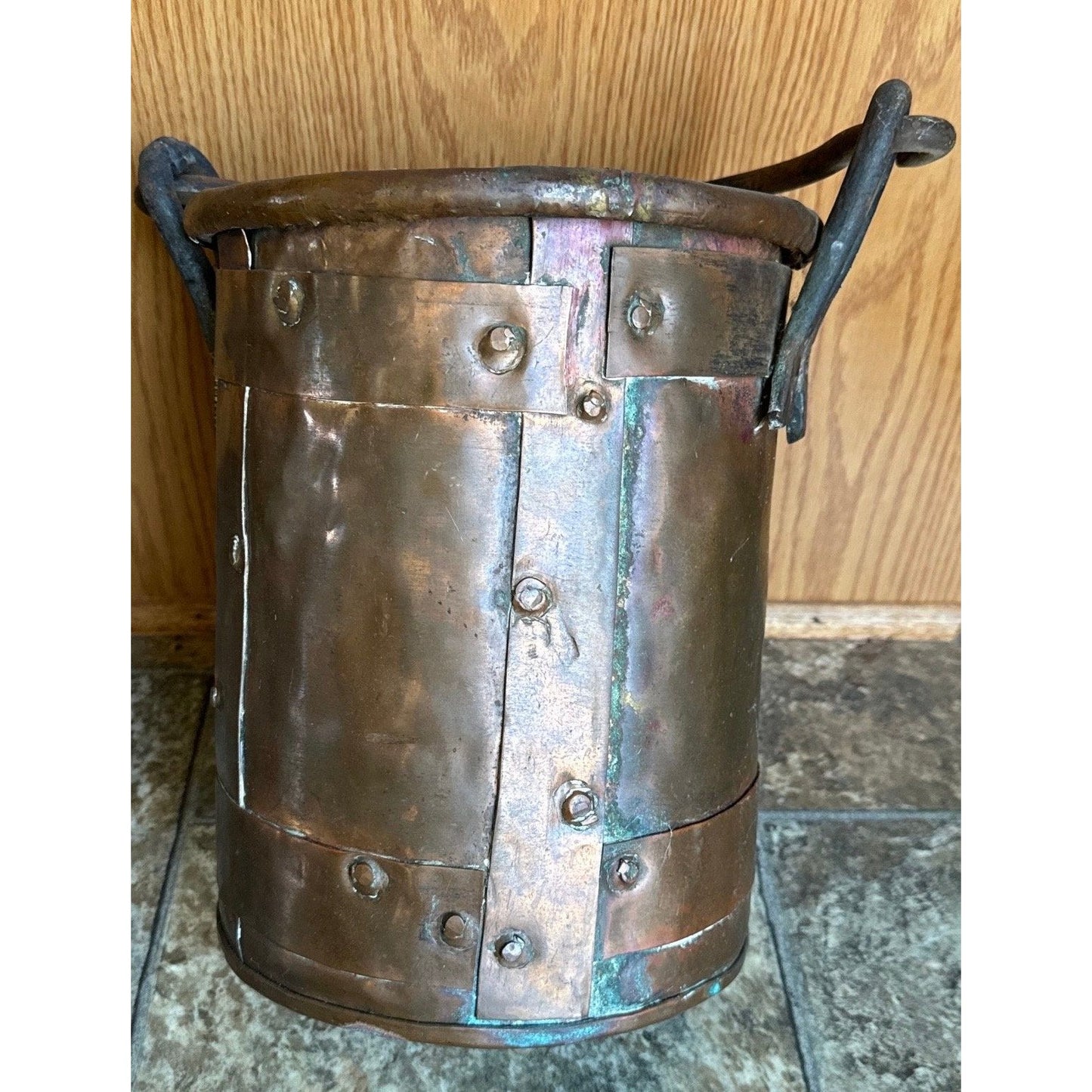 19th Century Copper Firewood Bucket Cauldron With Handle 11 1/4" Tall