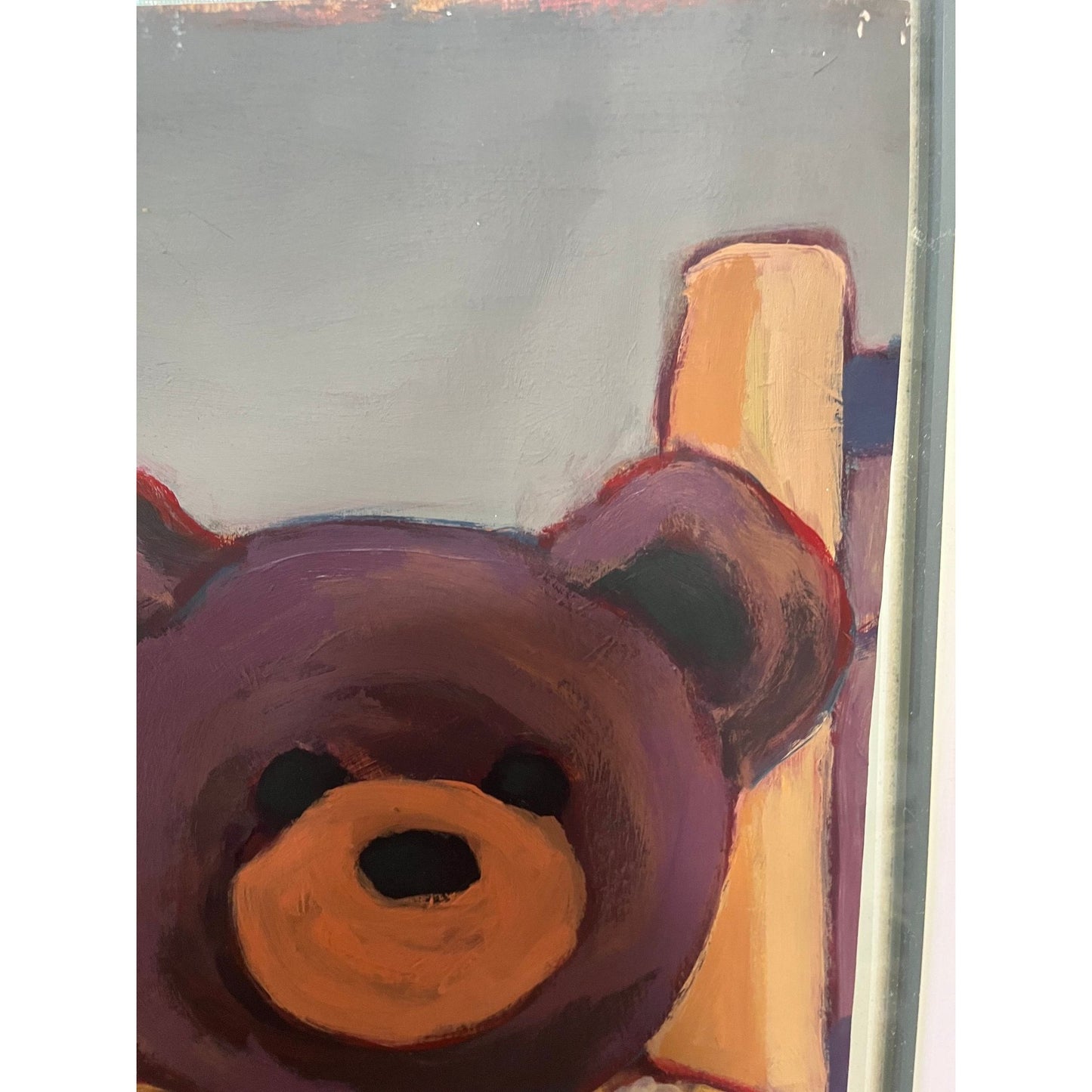 1986 Johanna Haas Oil Painting, "Two Teddy Bears Share A Chair", Signed Fine Art 24" x 18" One Of A Kind Gray Background