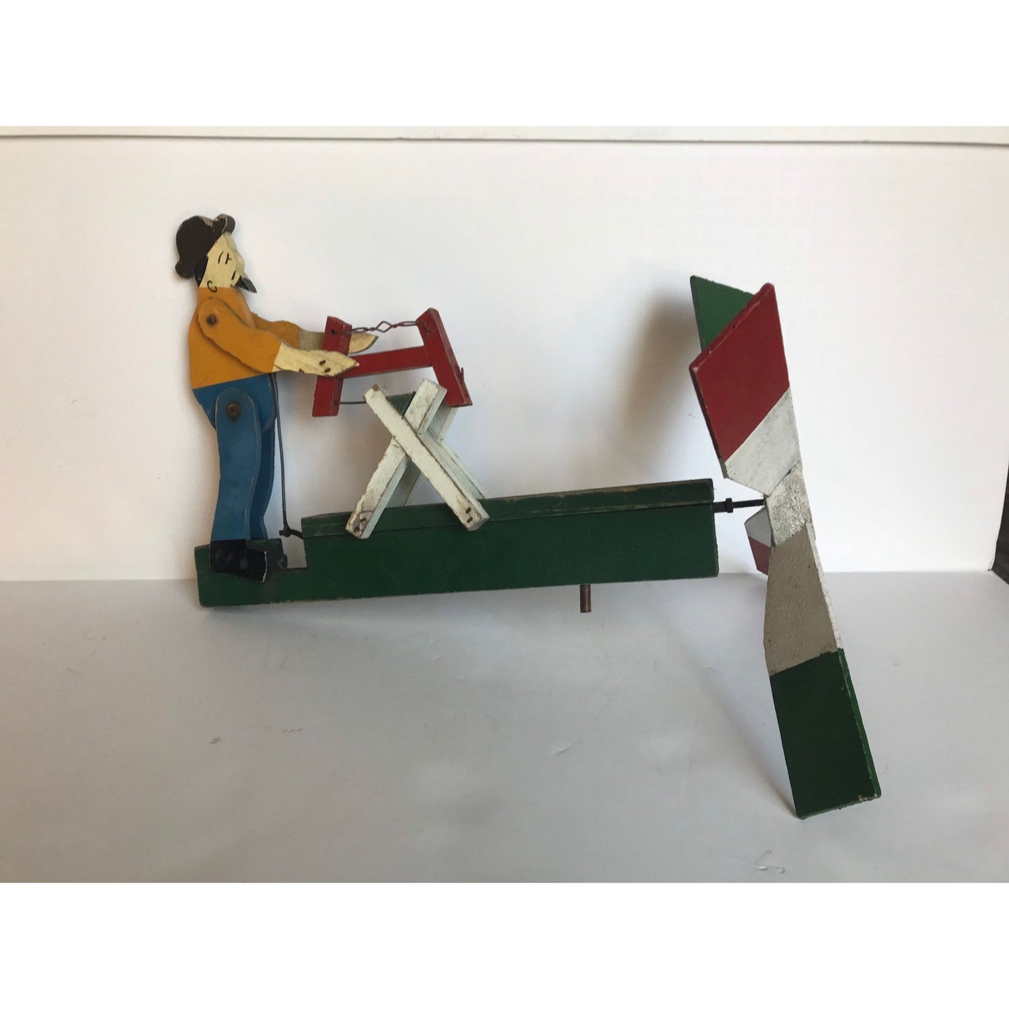 Vintage Folk Art WHIRLIGIG Primitive Painted Wood & Metal Old Man Sawing 4 Propellers