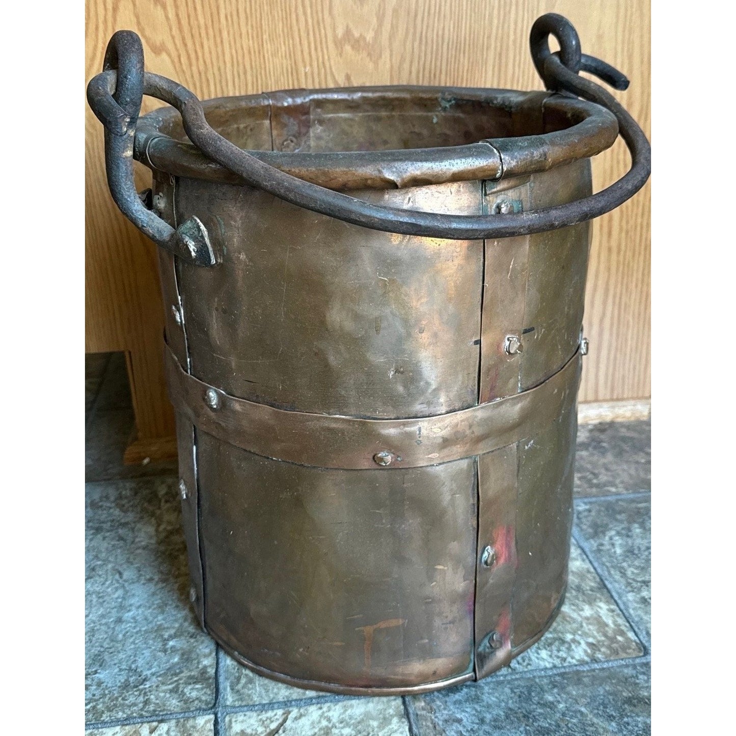 19th Century Copper Firewood Bucket Cauldron With Handle 13 1/2" Tall