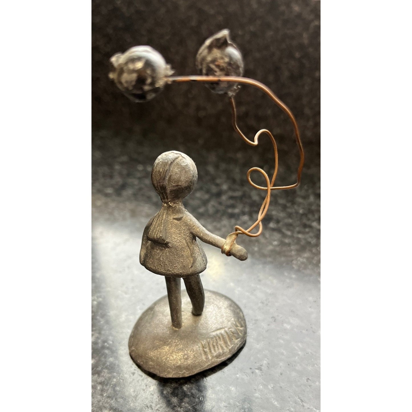 Vintage Pewter People By Hunter Sculpture Art Figurine Girl With Two Balloons 4"