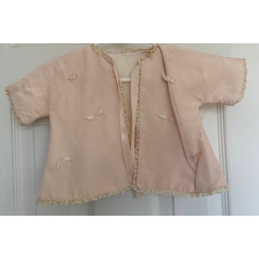 Vtg Pink Baby Jacket Julius Berger & Co. 1950's White Lace Edging Pink Ties Hand Embroidered Fully Lined Size 6 Month Mid-Century