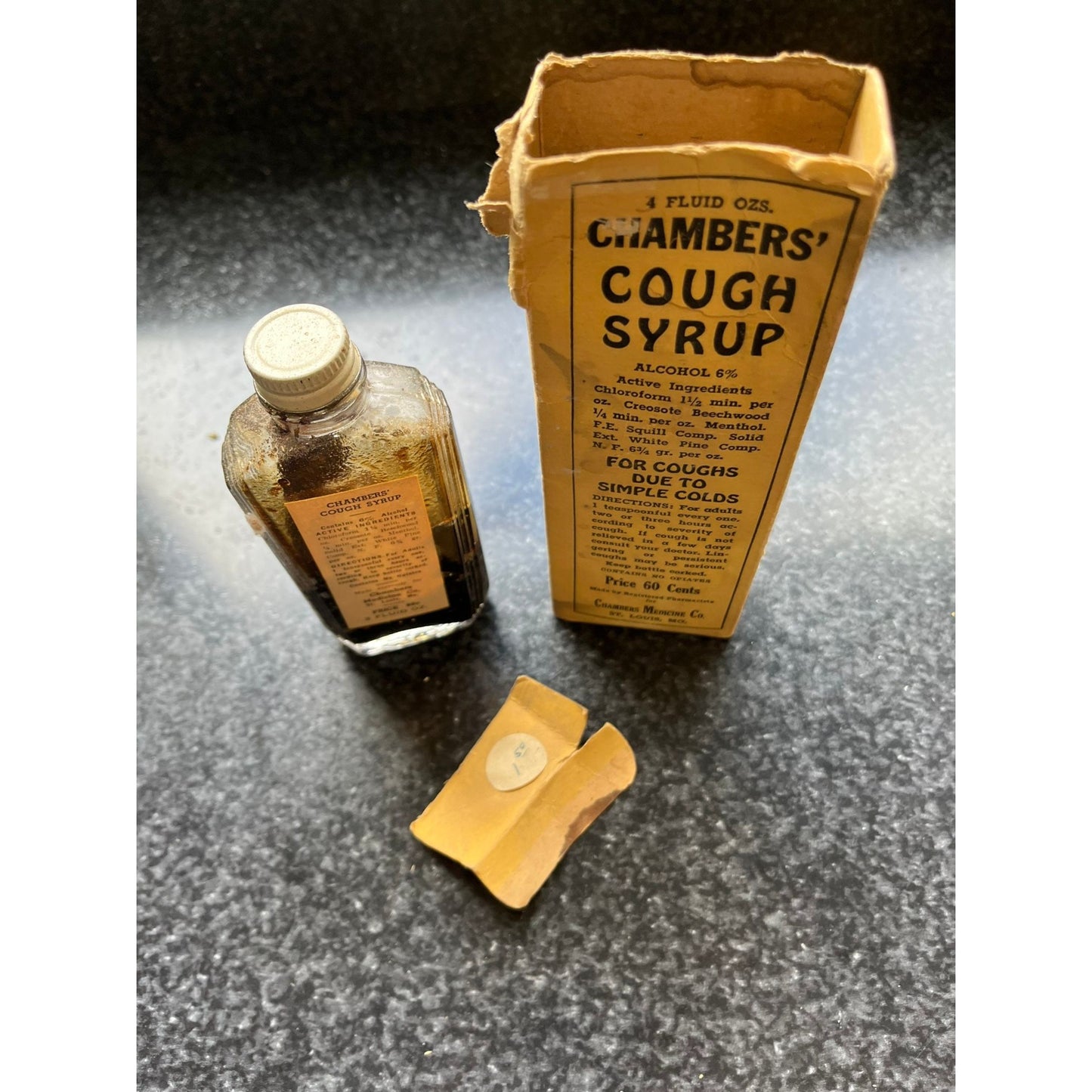 Antique Medicine CHAMBERS' Cough Syrup Original Box Antique Glass Bottle Chambers' Medicine Co. St. Louis MO