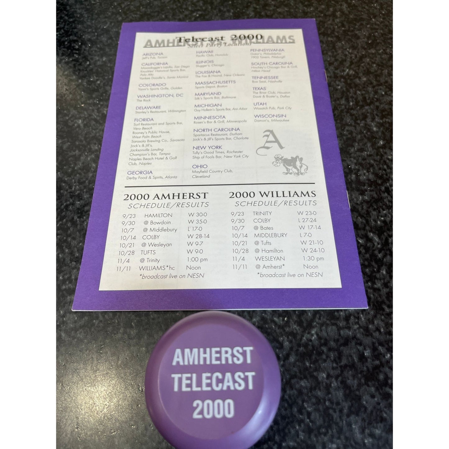 Vtg November 11, 2000 Amherst vs. Williams Football Game Guide Program Exclusive Alumni Guide & Yoyo