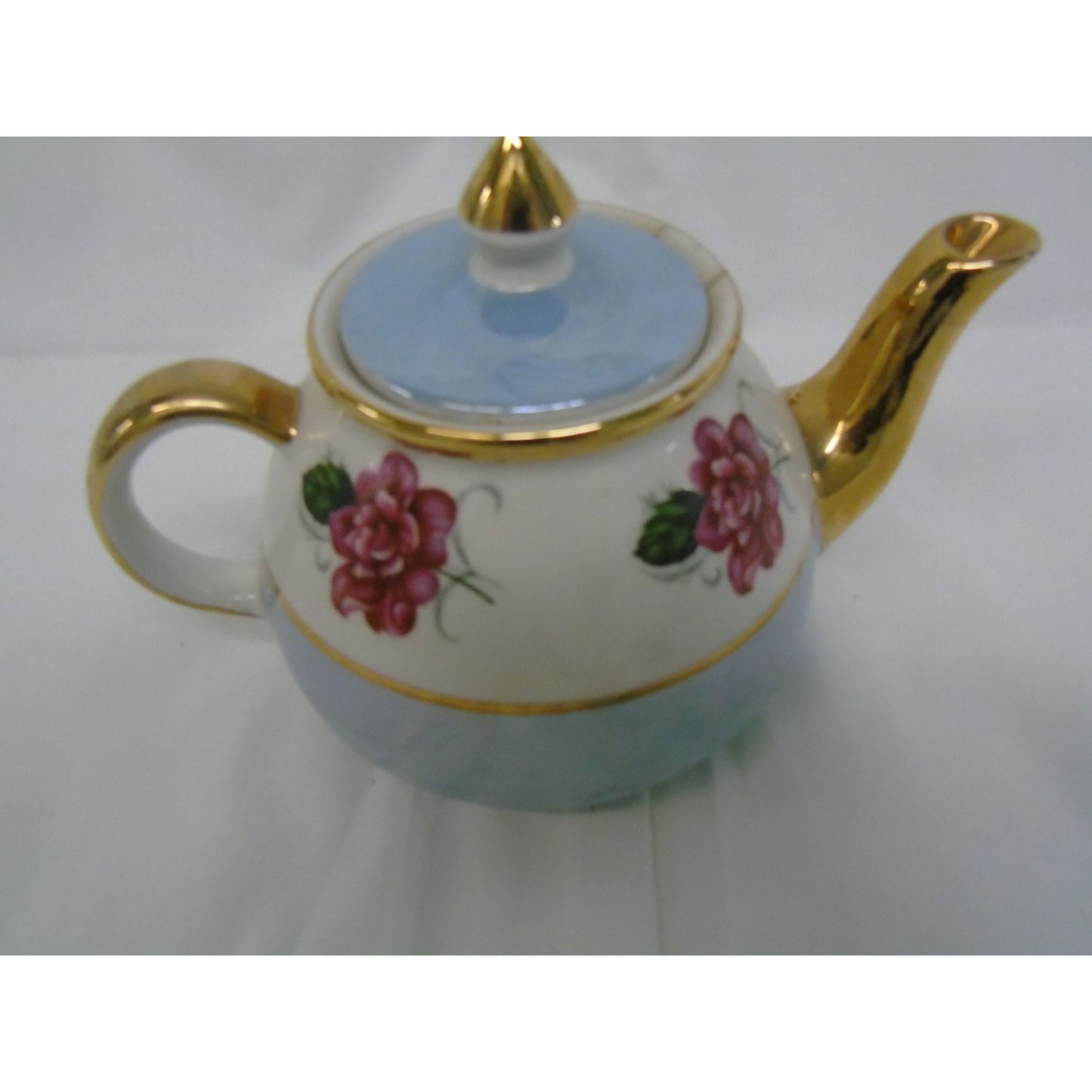 Vintage Gibsons Staffordshire England Blue and White with Gold Trim Red Roses Tea Pot