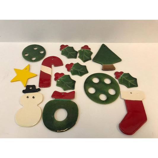 Vtg 13 Christmas Ceramic Pieces "JAM" Jo Anne Marquardt Loose From Wind Chimes Holly Snowman Stocking