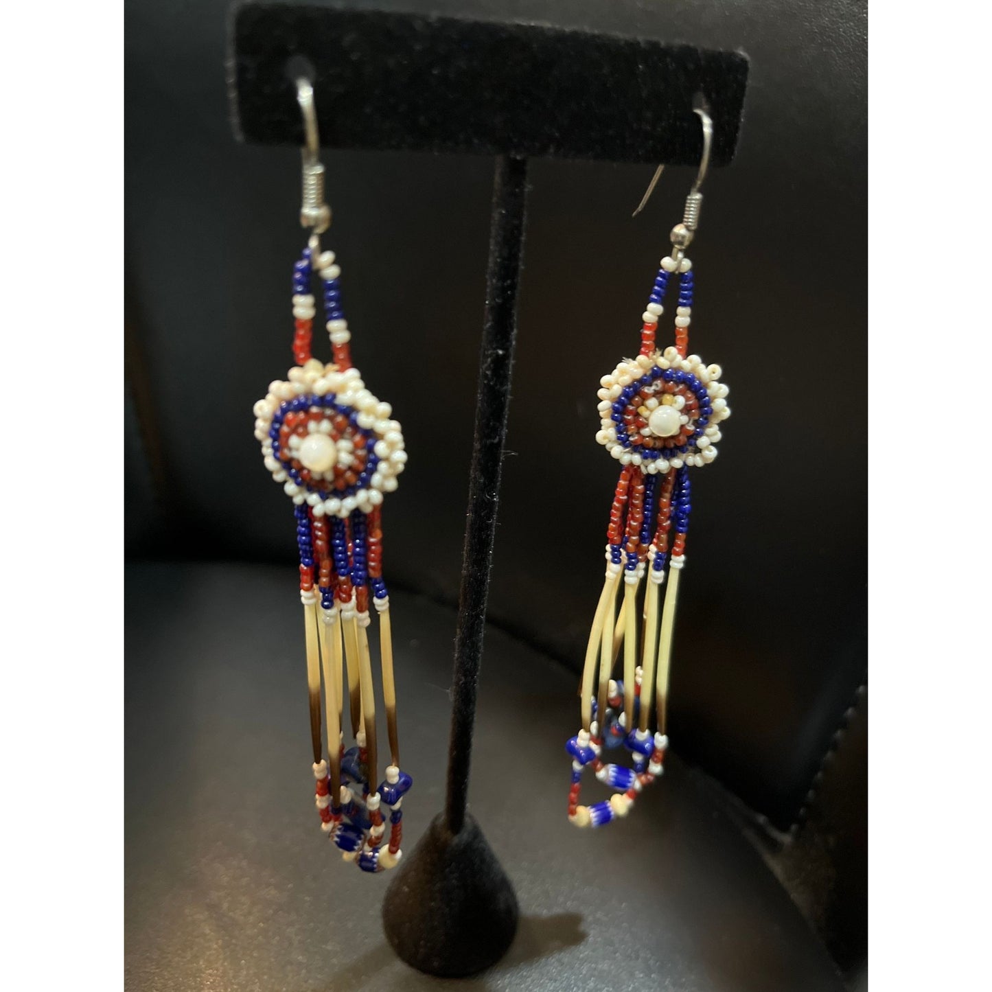 Vtg 1970's Dangle Earrings Circle Made Of Trade Beads & Porcupine Quills Pan Tribal Wire Pierced Handmade