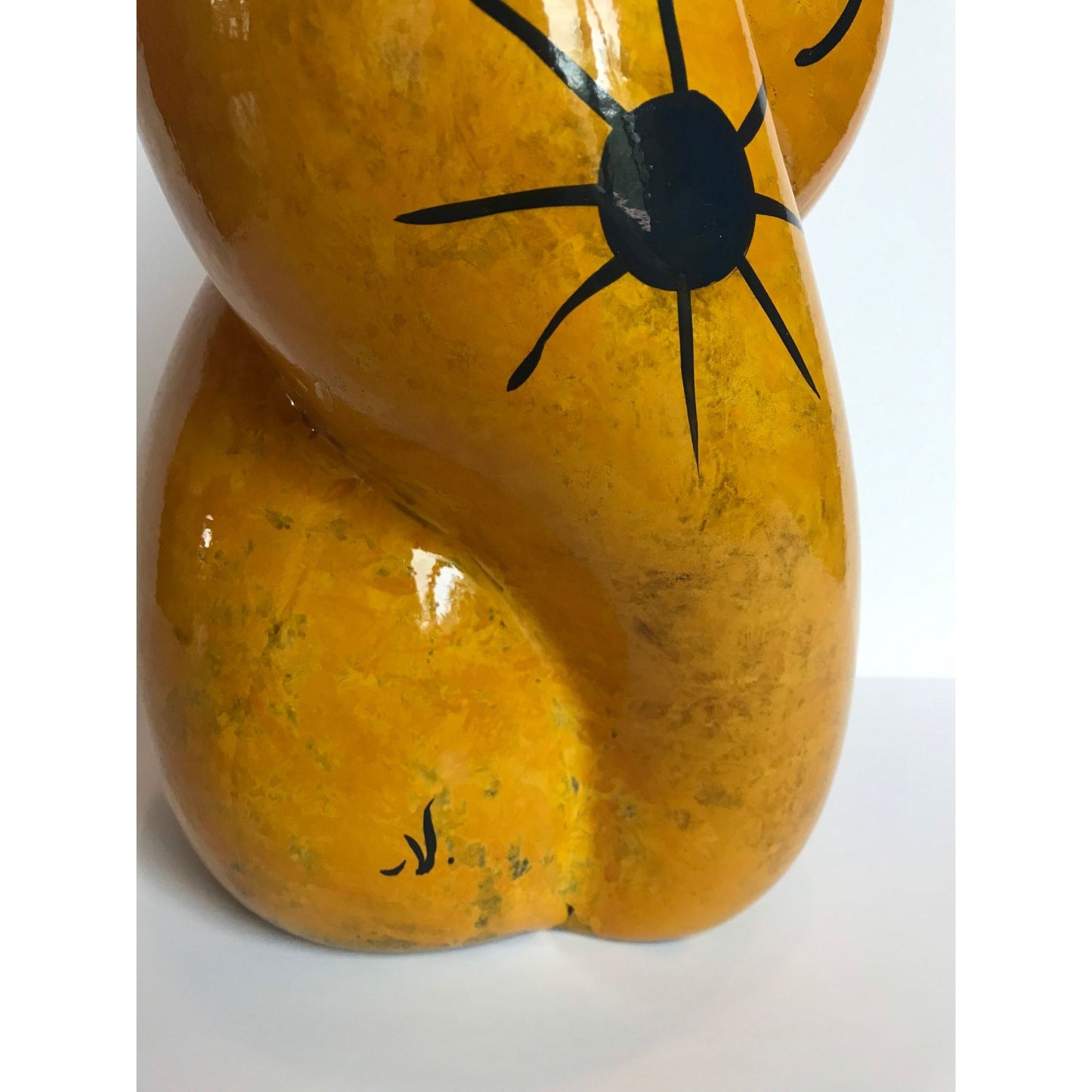 Vtg 1990's Large Hand Painted From The Inside Yellow Bulbous Vase Abstract Design Studio Art Glass