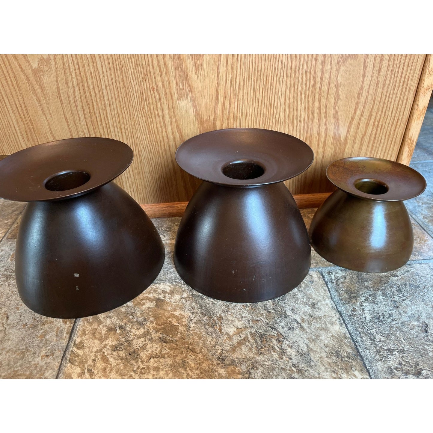 Vtg 1970's Set Of 3 Large Brown Metal TAG LTD Candle Holders Made In India Modern Mid Century