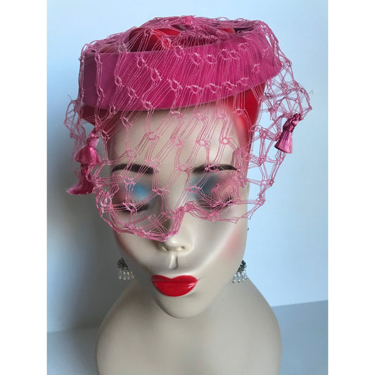 Vtg 1950's Hot Pink Round Velvet Intricate Netting Hat With Three Tassels Size S/M