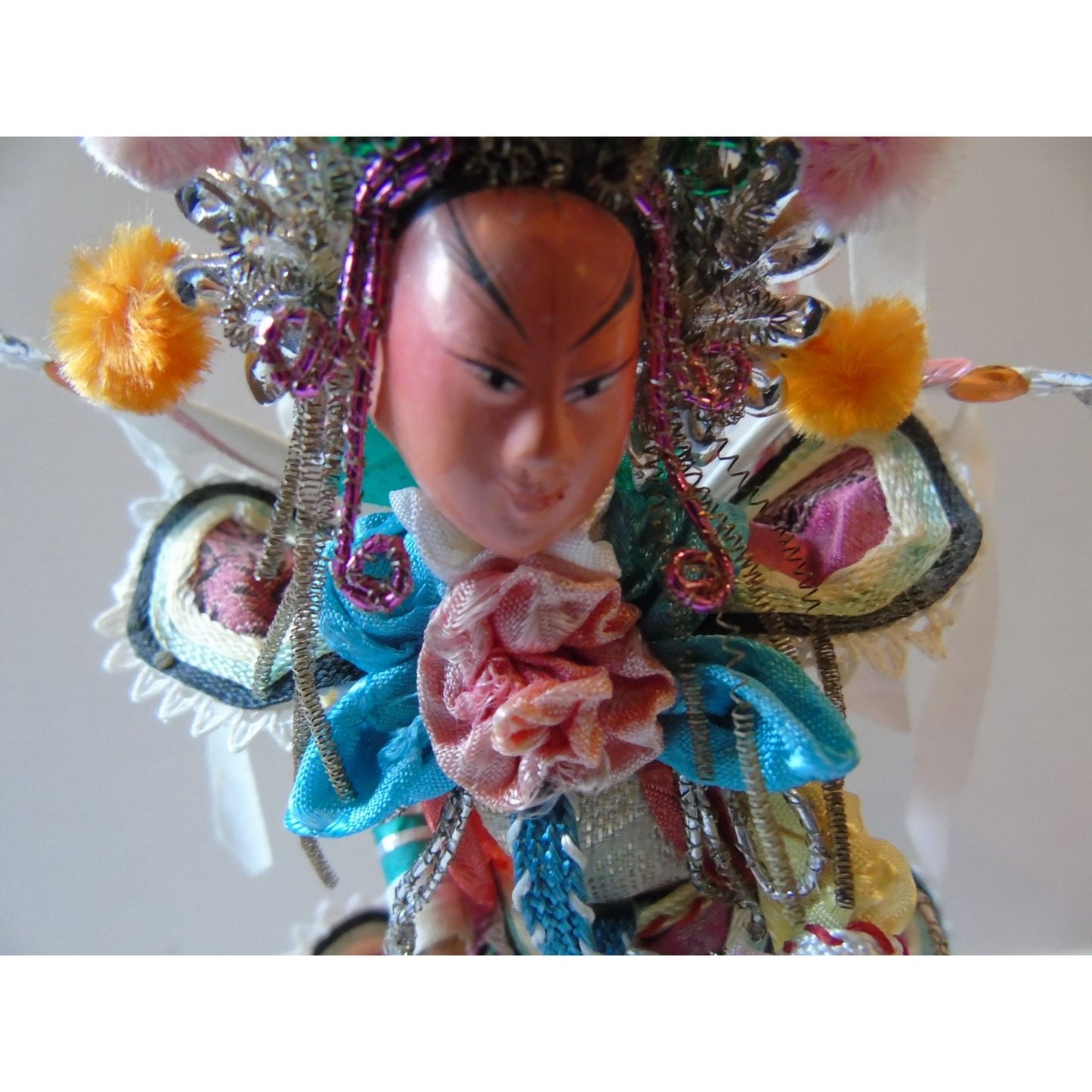 Vintage 1960's Chinese Opera Dolls Male Female Elaborate Costumes Handmade Wooden Stand