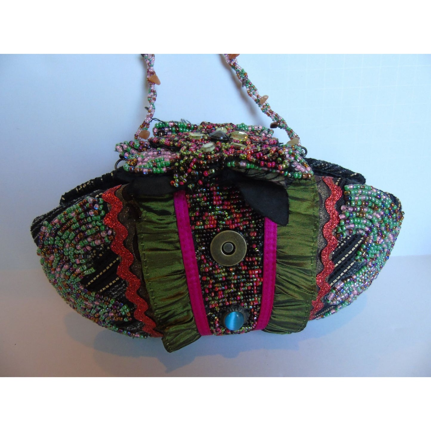 Pritzi Purse Bag Multi Colored Flower Hand Beaded Cloth Ruffled Blue Oval Stone NWOT