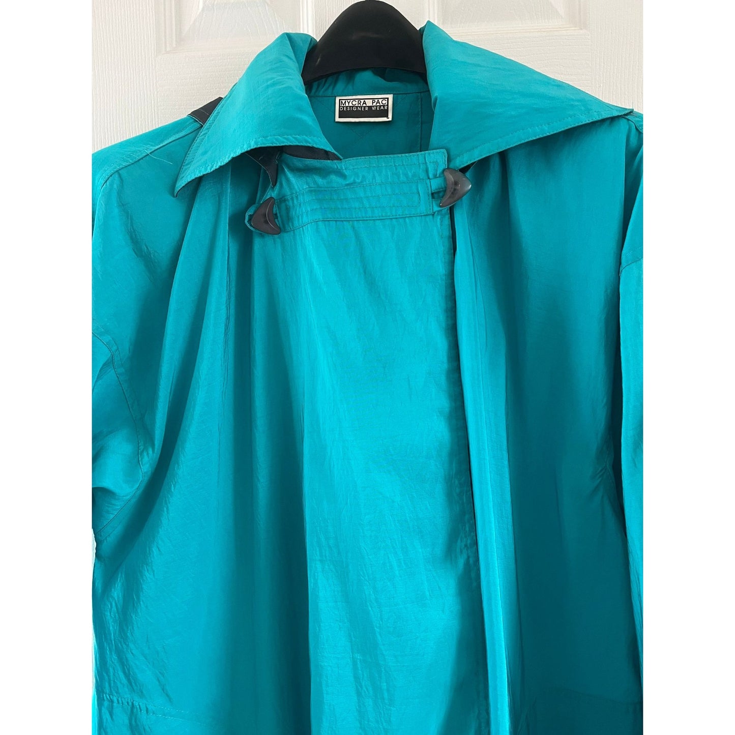 Vtg MYCRA PAC Designer Wear Raincoat Coat Hooded Turquoise & Black Teflon Fabric Protector San Francisco Size 7