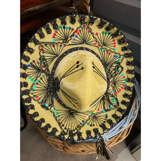 Vtg Pigalle XXXXX Mustard & Black Embroidered Mexican Sombrero Sequined Black String Turquoise Lining