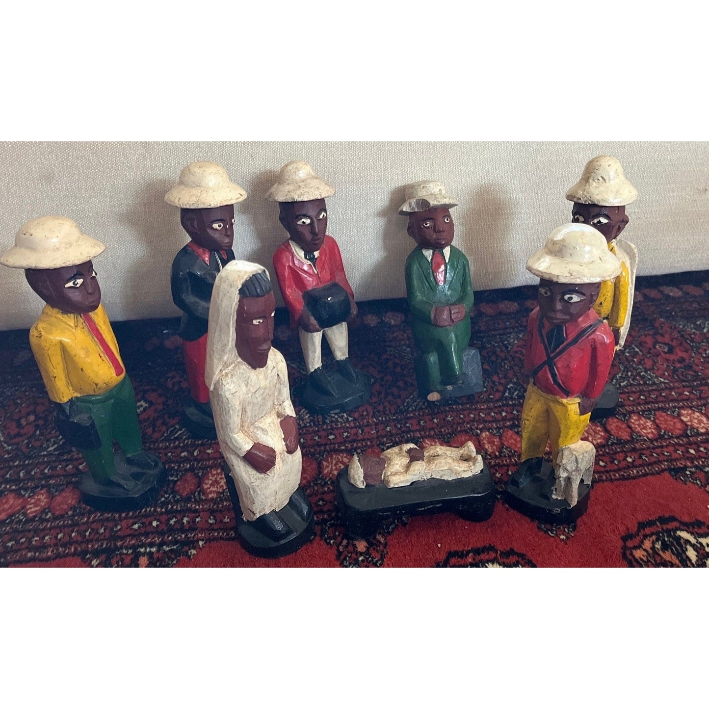 Vtg 1970's 8 Nativity Figurines Made In Belgium Congo Primitive Folk Art Handmade Hand Carved Wooden Nativity Scene