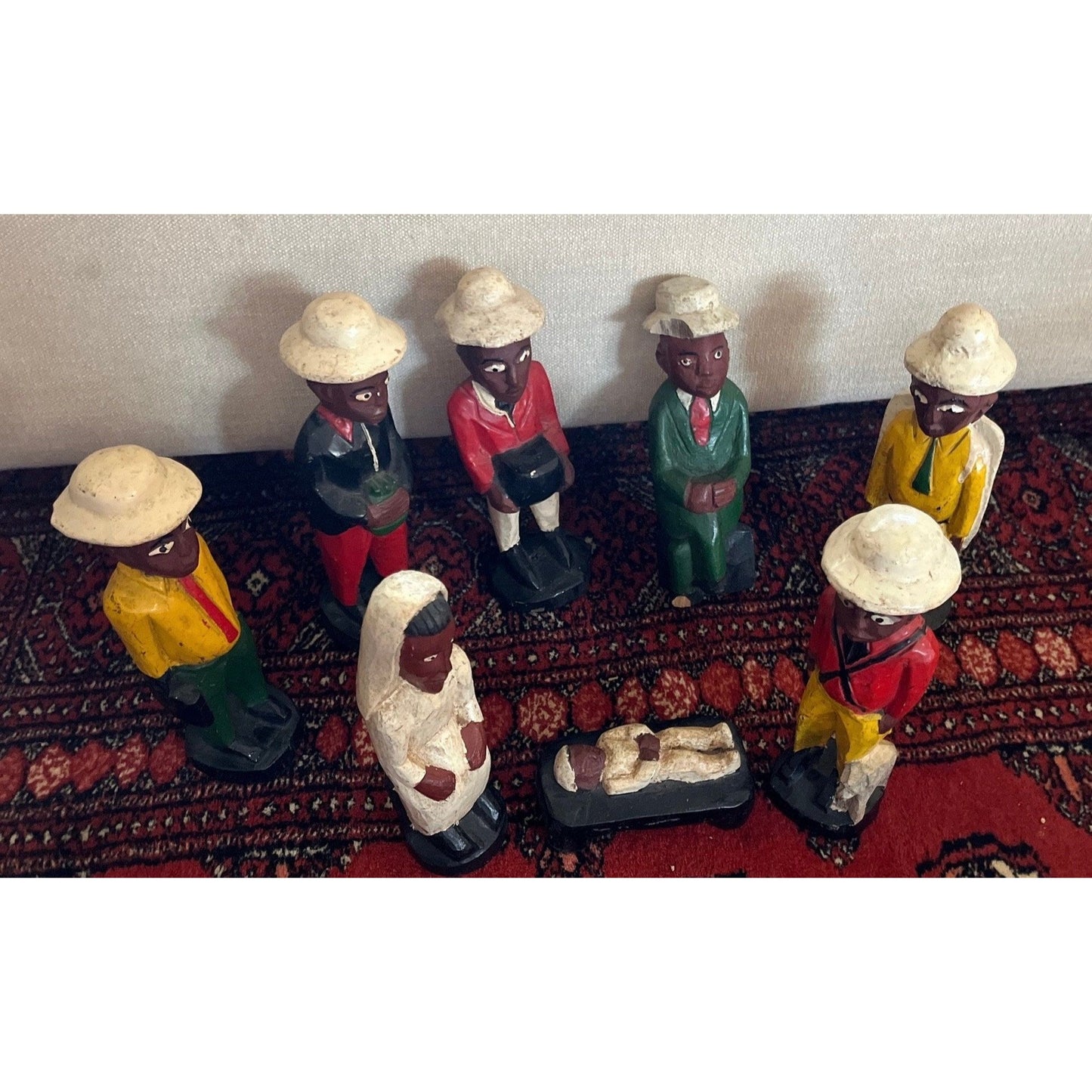 Vtg 1970's 8 Nativity Figurines Made In Belgium Congo Primitive Folk Art Handmade Hand Carved Wooden Nativity Scene