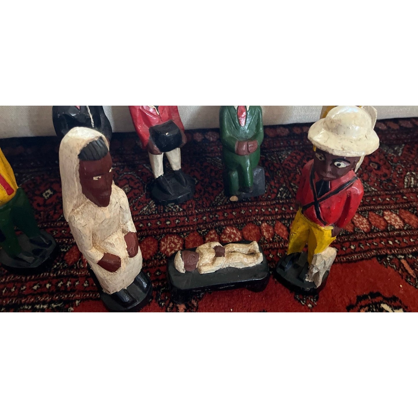 Vtg 1970's 8 Nativity Figurines Made In Belgium Congo Primitive Folk Art Handmade Hand Carved Wooden Nativity Scene