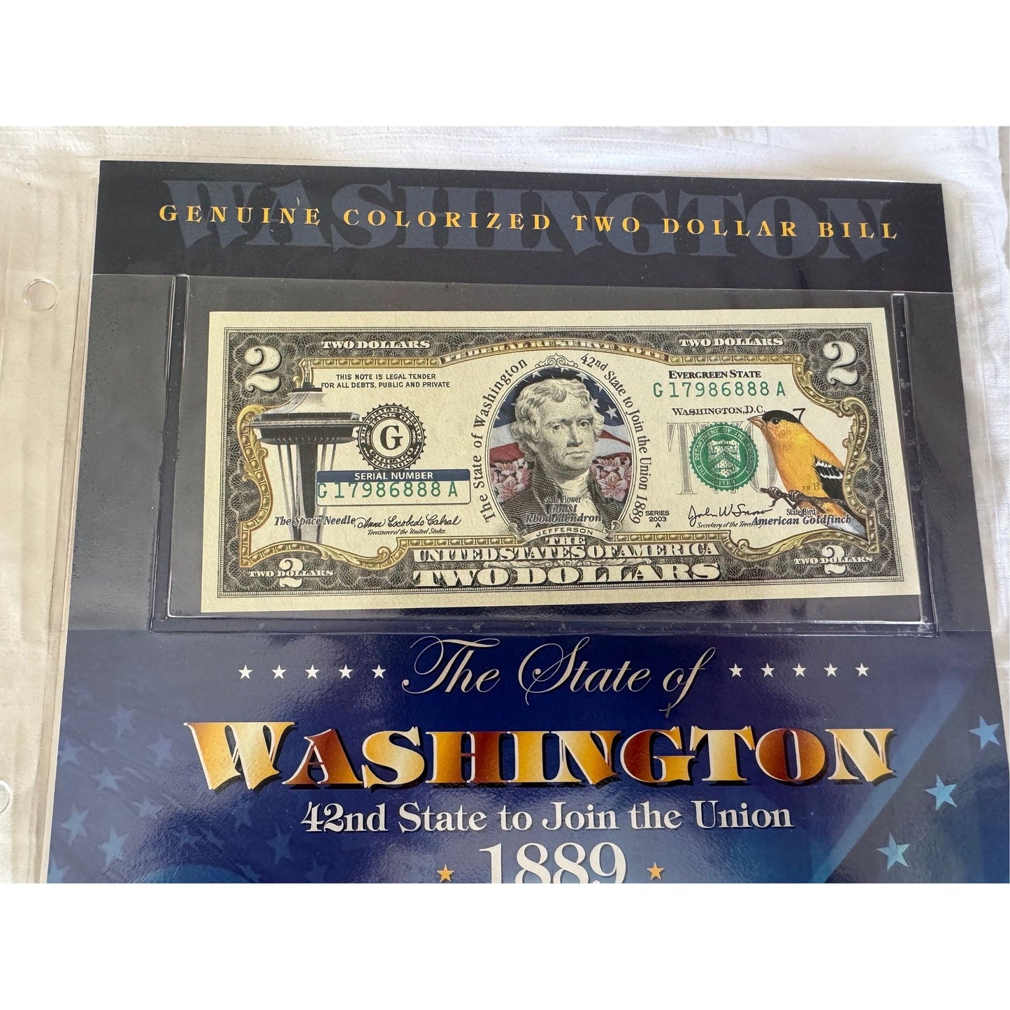 Washington State Commemorative U.S. Colorized 2 Dollar Bank Note 2003