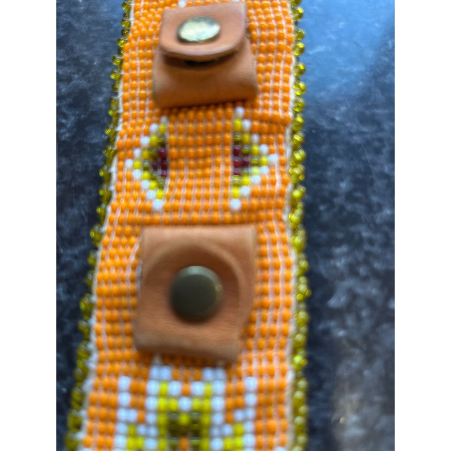 Vtg 1960's Hand Beaded Leather Watch Band Orange White Yellow Green Beading Metal Buckle Snap Closure Pan Tribal