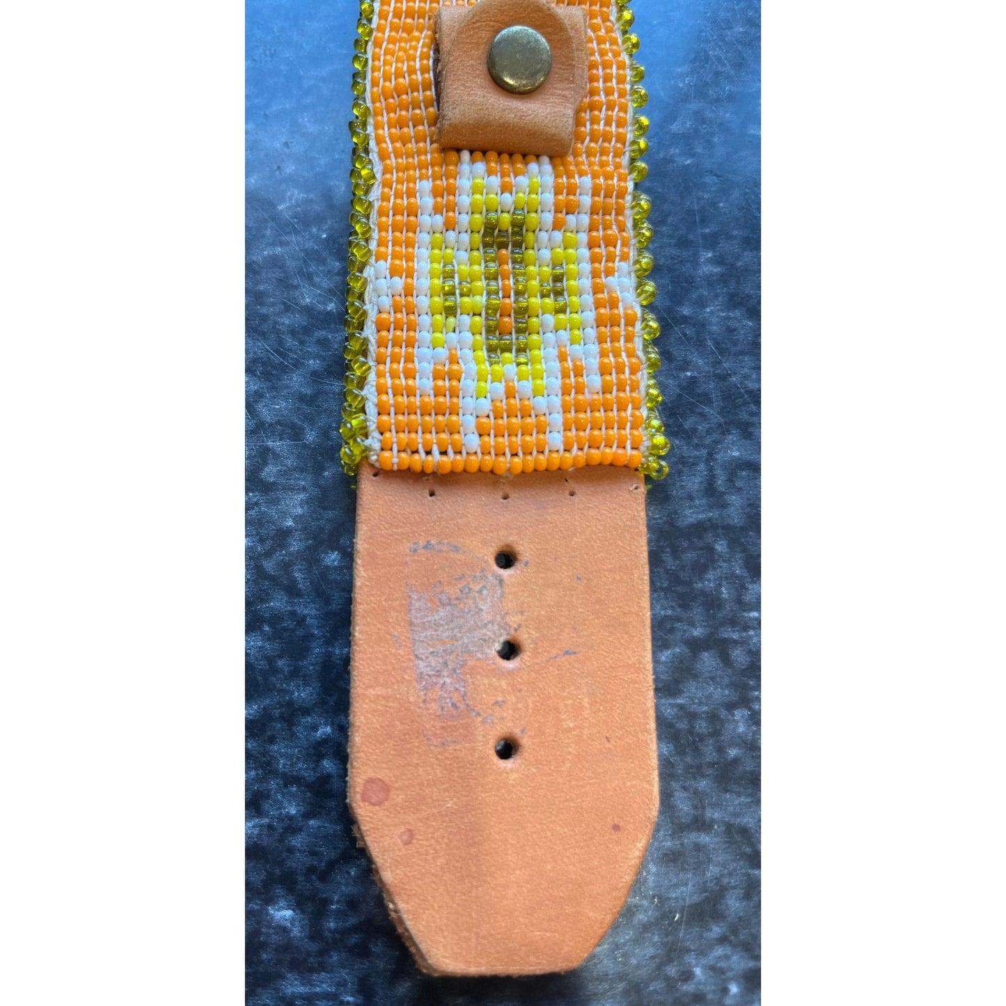 Vtg 1960's Hand Beaded Leather Watch Band Orange White Yellow Green Beading Metal Buckle Snap Closure Pan Tribal