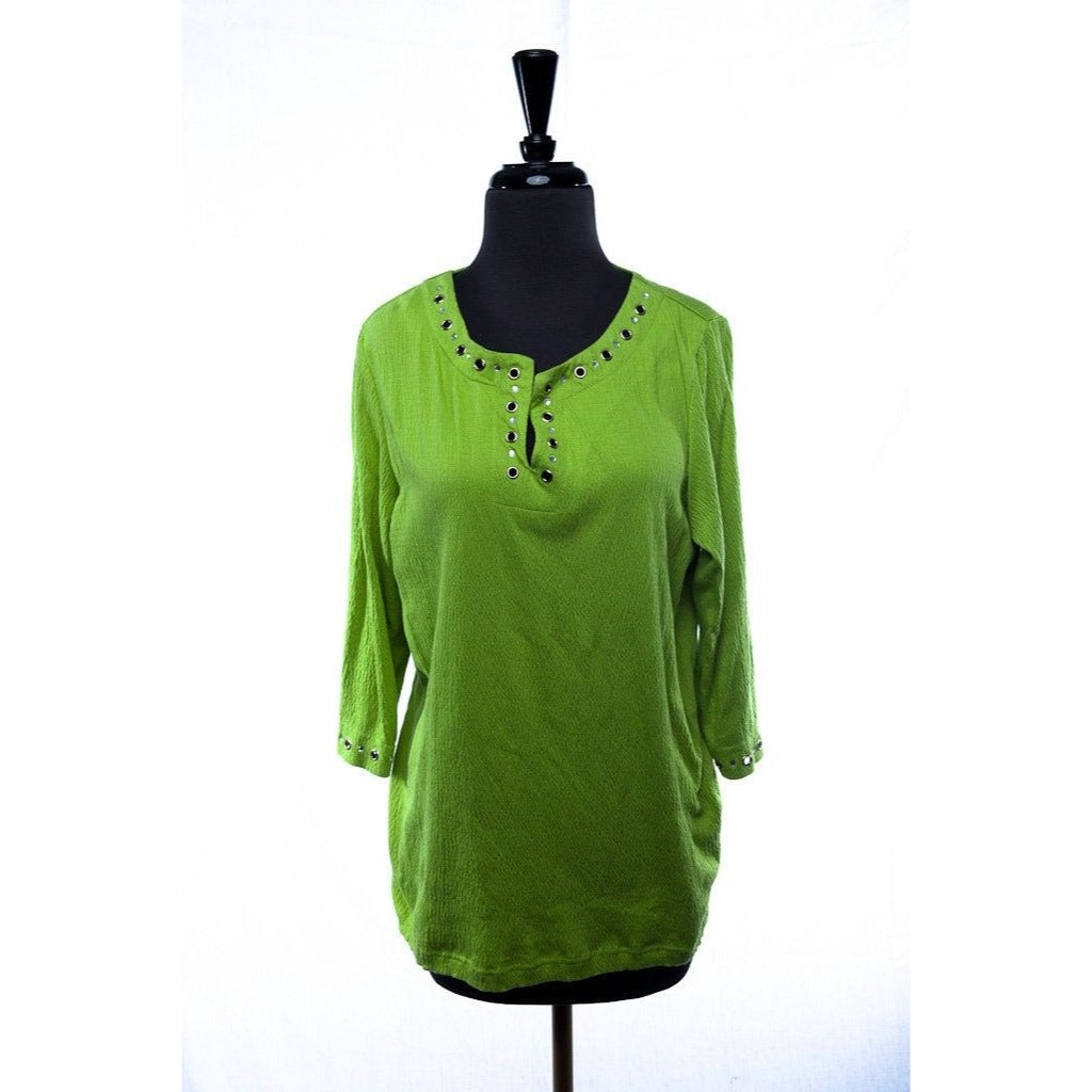 Woman's Lime Green V Neck Blouse Quaker Factory "Wear It With A Smile" Size Small