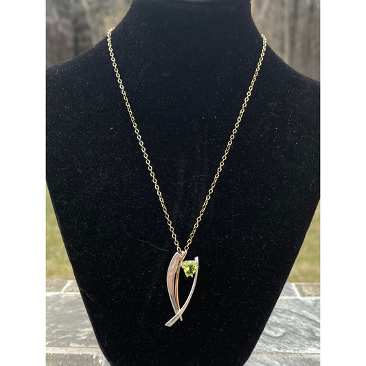 Vtg Natural Peridot Pendant 14 K Gold Sterling Silver Pendant Natural Green Peridot Necklace Prong Setting