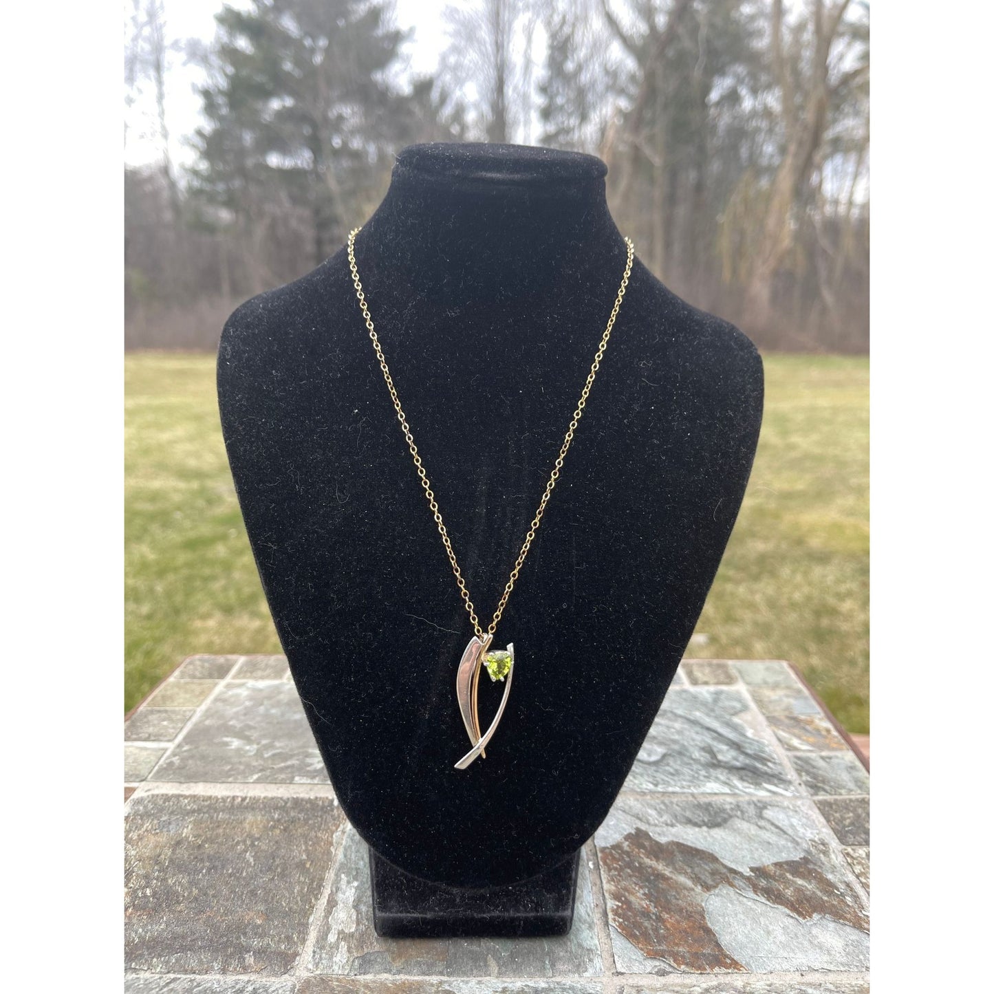 Vtg Natural Peridot Pendant 14 K Gold Sterling Silver Pendant Natural Green Peridot Necklace Prong Setting