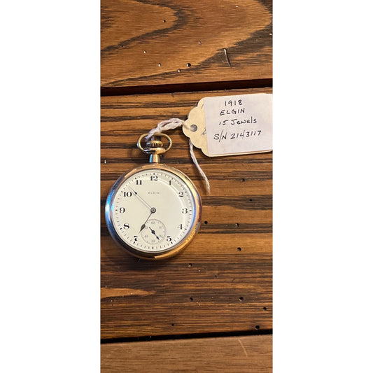 Antique 1918 Elgin Pocket Watch 15 Jewels S/N 2143117 Initials On Back Of Case Gold Filled