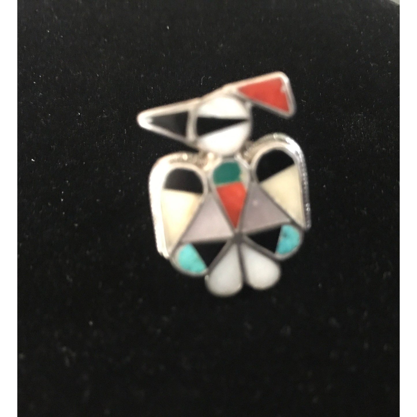 Vtg 1960's Zuni Thunderbird Turquoise Mother Of Pearl Onyx Coral Bezel Set In Sterling Silver Ring Size 3 1/4