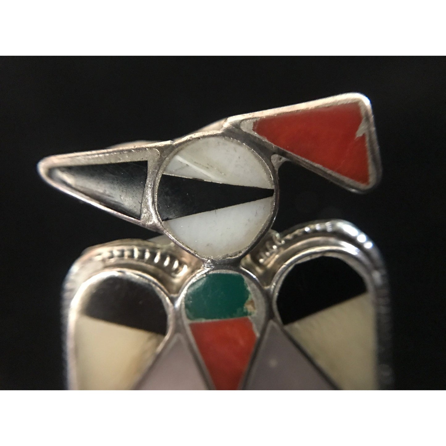 Vtg 1960's Zuni Thunderbird Turquoise Mother Of Pearl Onyx Coral Bezel Set In Sterling Silver Ring Size 3 1/4