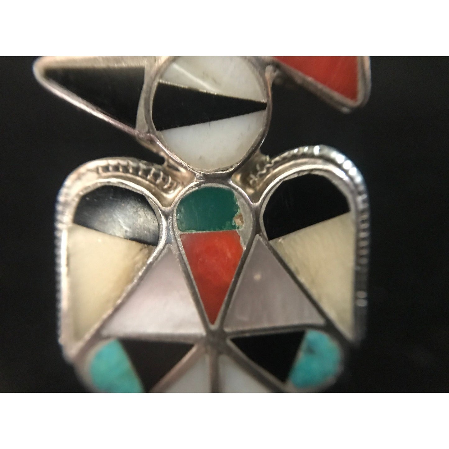 Vtg 1960's Zuni Thunderbird Turquoise Mother Of Pearl Onyx Coral Bezel Set In Sterling Silver Ring Size 3 1/4