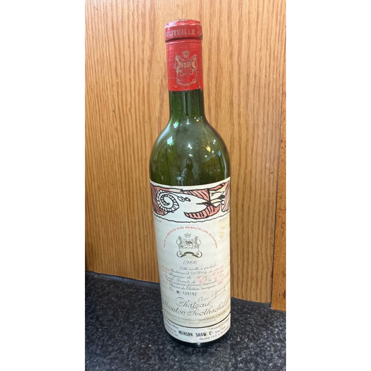 Vtg Wine Bottle Empty Chateau Mouton Rothschild 1966 Hand Written Hand Numbered Alechensky Dessin inedit Unpublished Art