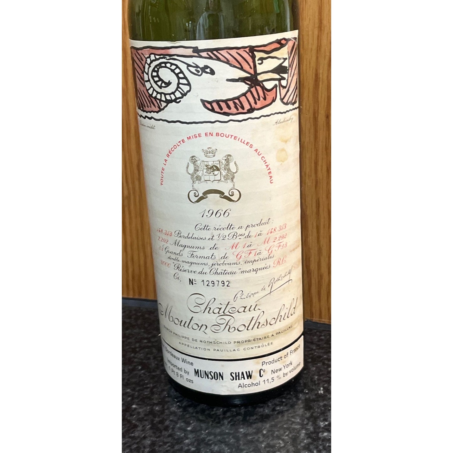 Vtg Wine Bottle Empty Chateau Mouton Rothschild 1966 Hand Written Hand Numbered Alechensky Dessin inedit Unpublished Art