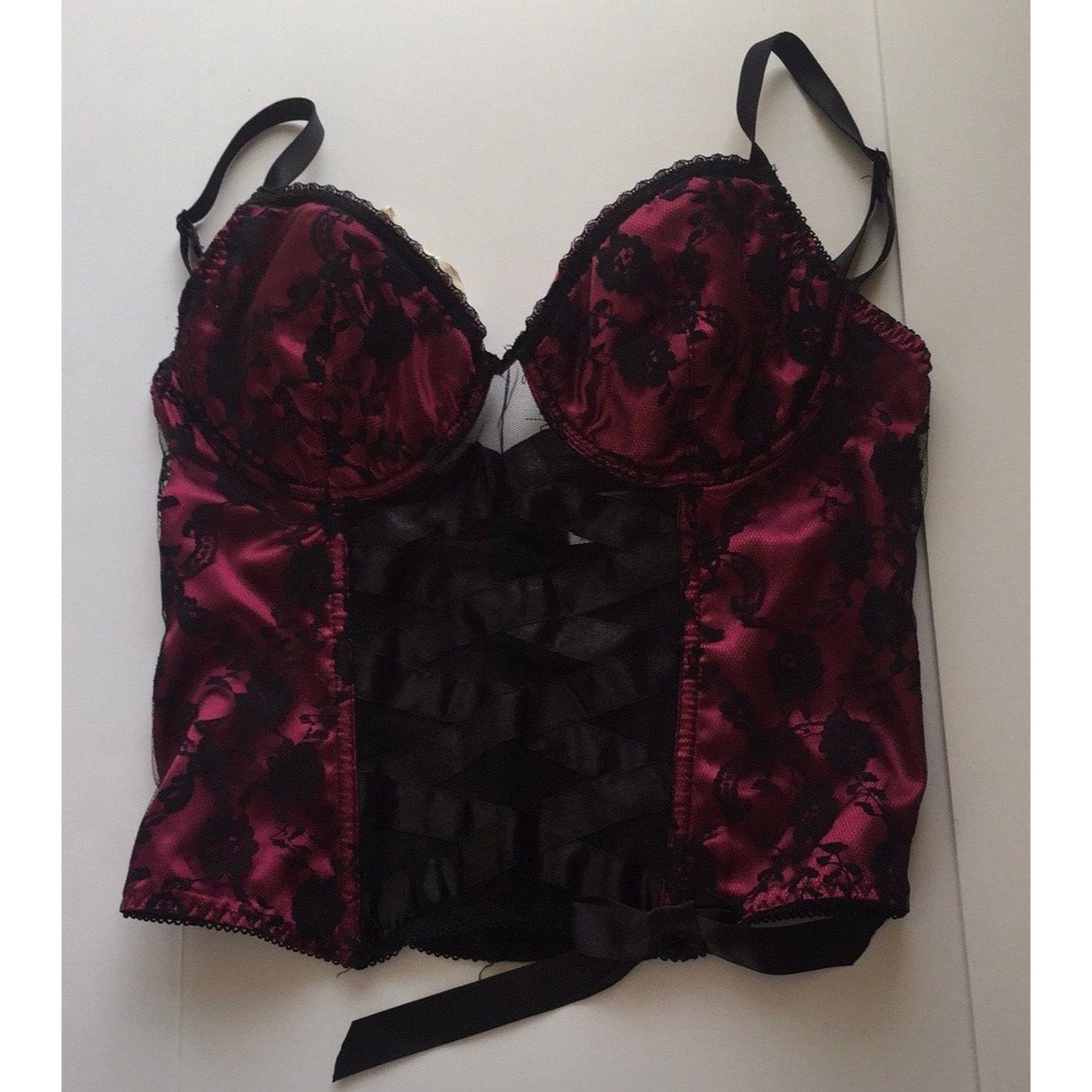 Vtg Native Intimates Coreset & Thong Lingerie Black Maroon Lace Black Ribbon Front Size 34B Adjustable Straps