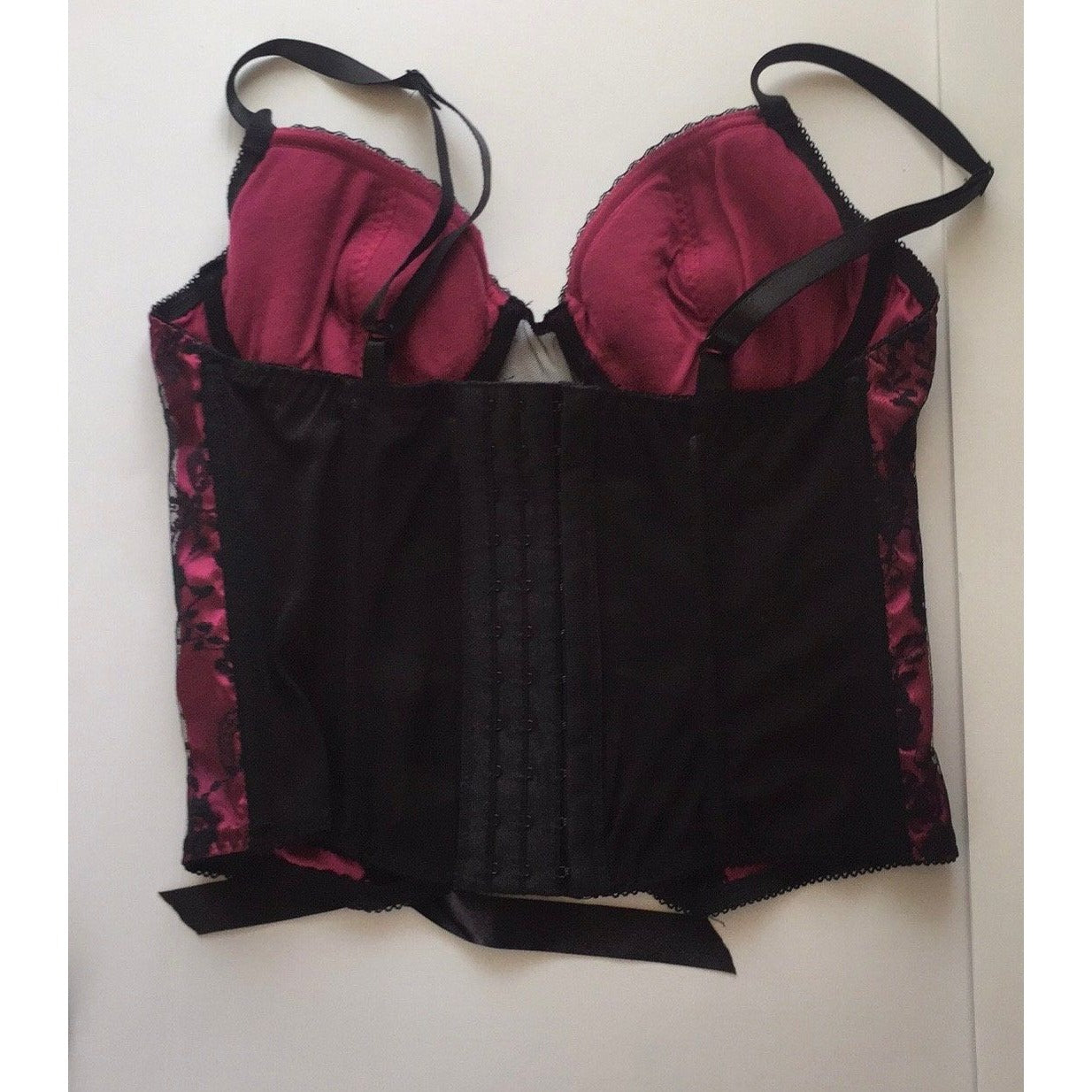 Vtg Native Intimates Coreset & Thong Lingerie Black Maroon Lace Black Ribbon Front Size 34B Adjustable Straps