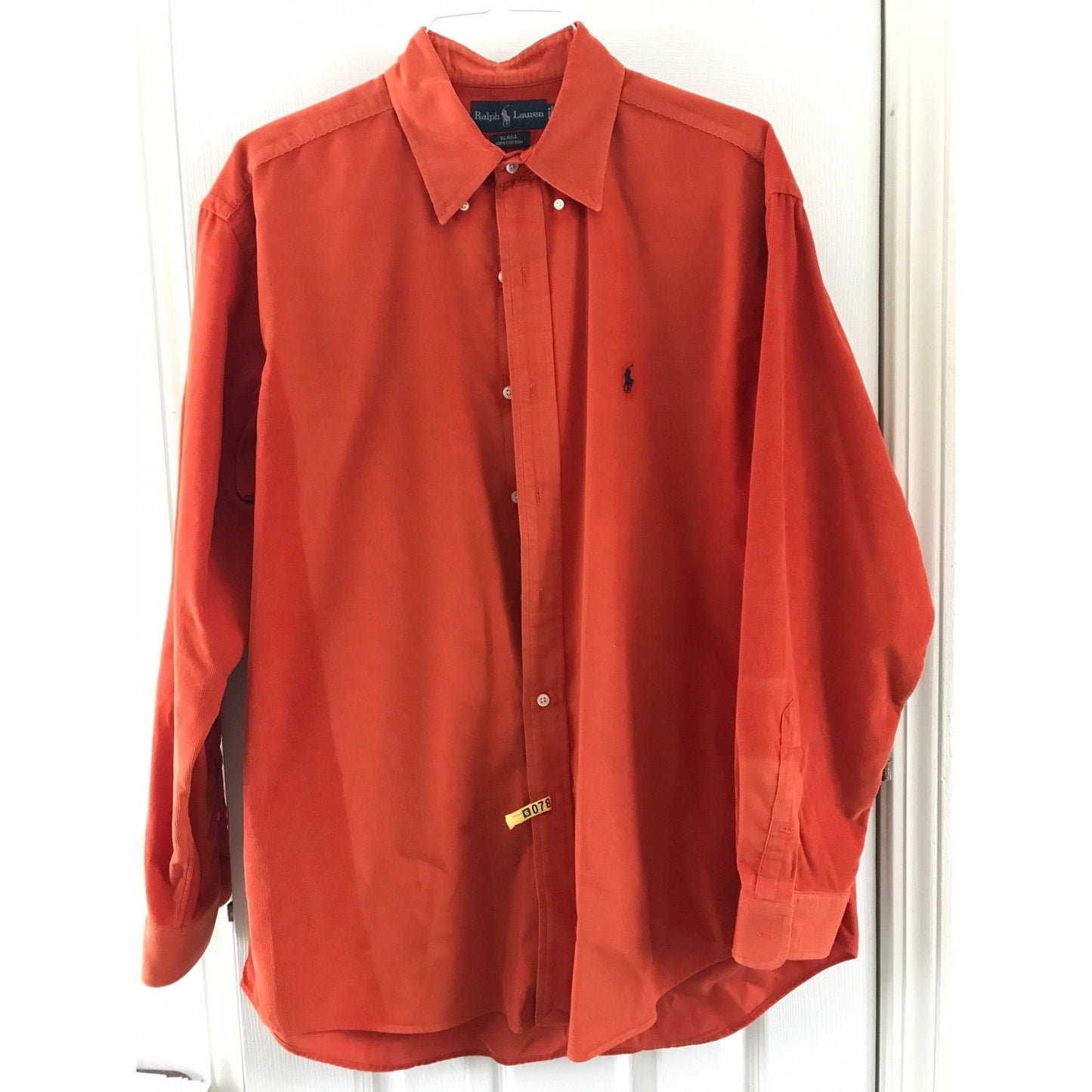 Vtg Ralph Lauren Polo Men's Long Sleeve Shirt "Blake" L  Solid Orange Navy Blue Corduroy Logo Button Down Collar