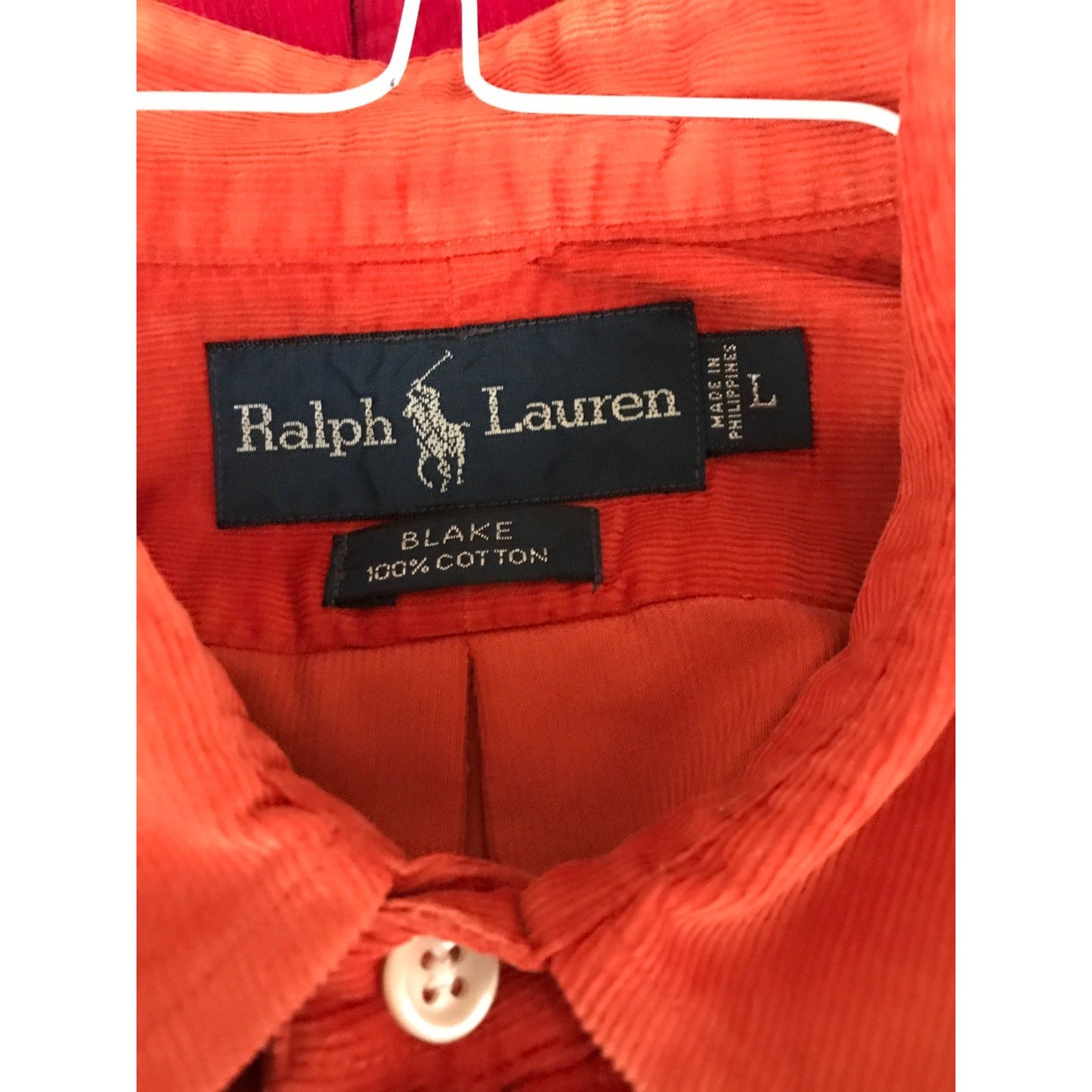 Vtg Ralph Lauren Polo Men's Long Sleeve Shirt "Blake" L  Solid Orange Navy Blue Corduroy Logo Button Down Collar