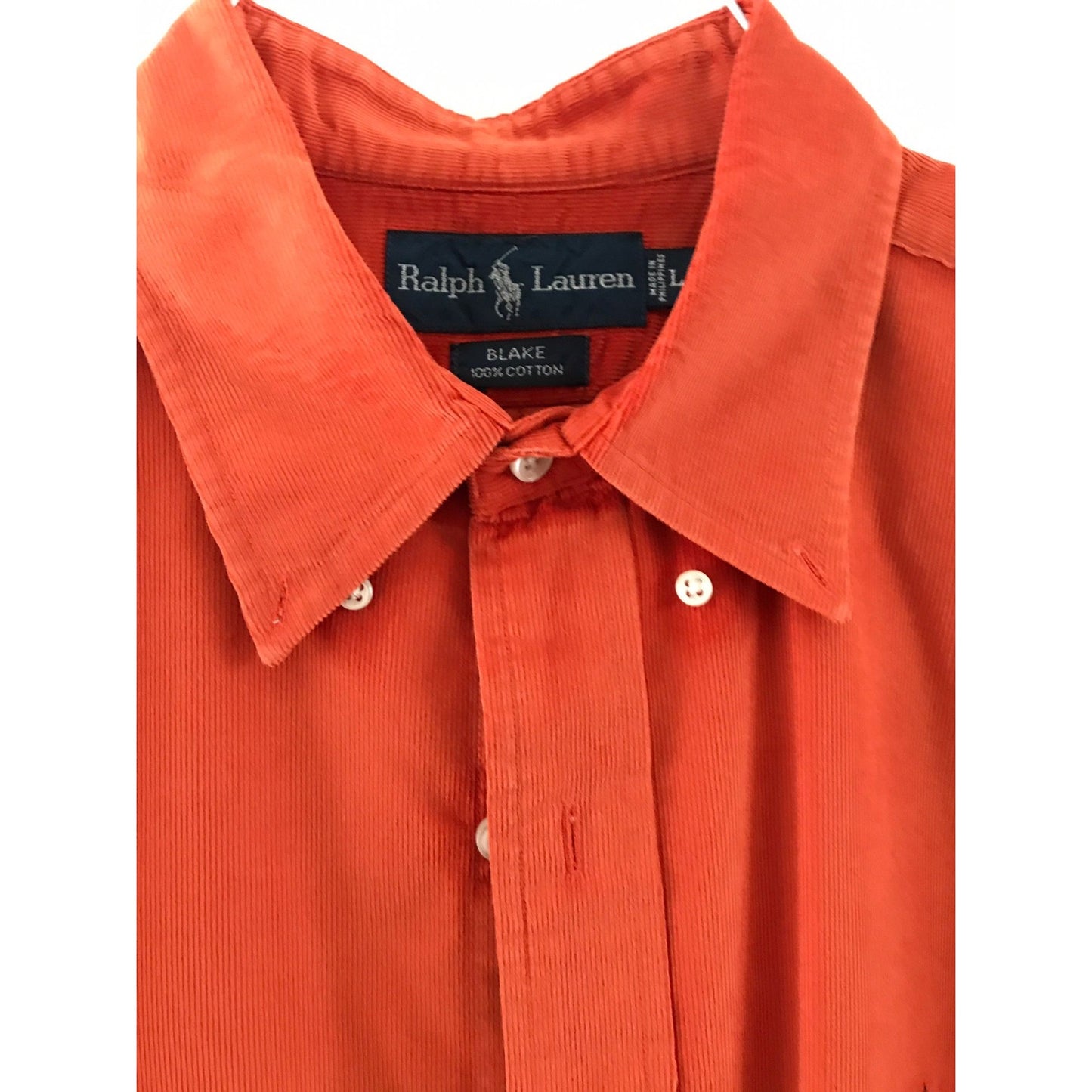 Vtg Ralph Lauren Polo Men's Long Sleeve Shirt "Blake" L  Solid Orange Navy Blue Corduroy Logo Button Down Collar