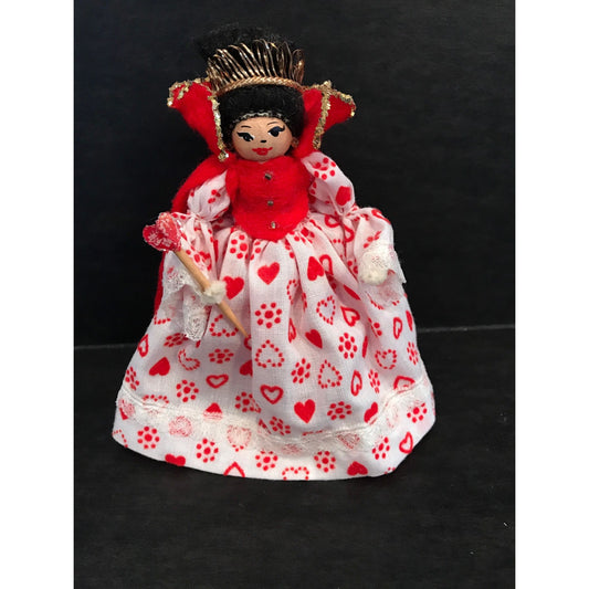 Vtg Queen Of Hearts Clothes Pin Doll Valentine's Day With Wand And Cape Hearts Red White & Silver