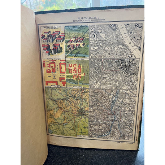 Antique 1900 Hungarian World Atlas Book 34 Pages Green Marbled Boards String Binding Made In Budapest