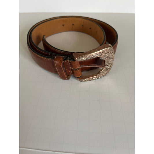 Vtg Perry Ellis Brown Belt Full Grain Cow Hide Lined On Glove Leather Made In Uruguay Large Hand Hammered Silver Tone Buckle 40