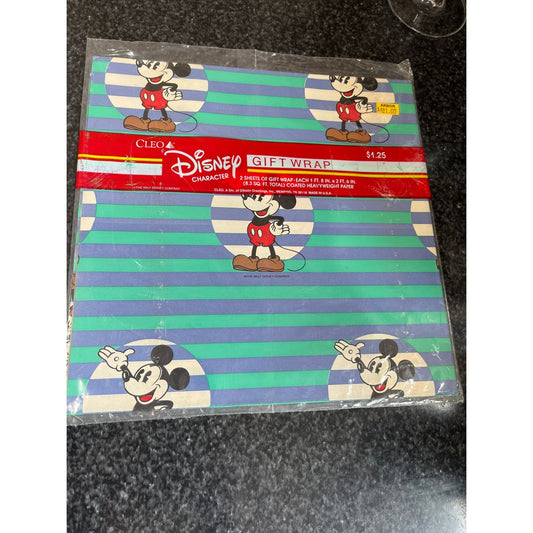 Vtg Mickey Mouse Disney Cleo Gift Wrap Wrapping Paper NEW USA Gibson Mickey Green & Blue Stipes