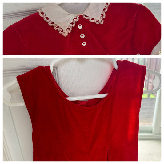 Vtg 1950s Girl's Red Velvet Dress With Matching Mini Jacket White Lace Collar 2 Piece Outfit Size 12 Mos.