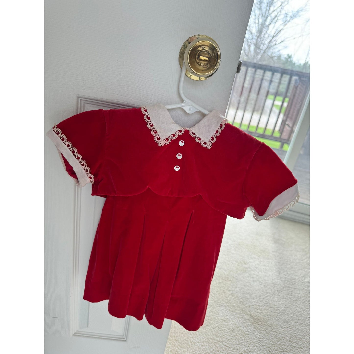 Vtg 1950s Girl's Red Velvet Dress With Matching Mini Jacket White Lace Collar 2 Piece Outfit Size 12 Mos.