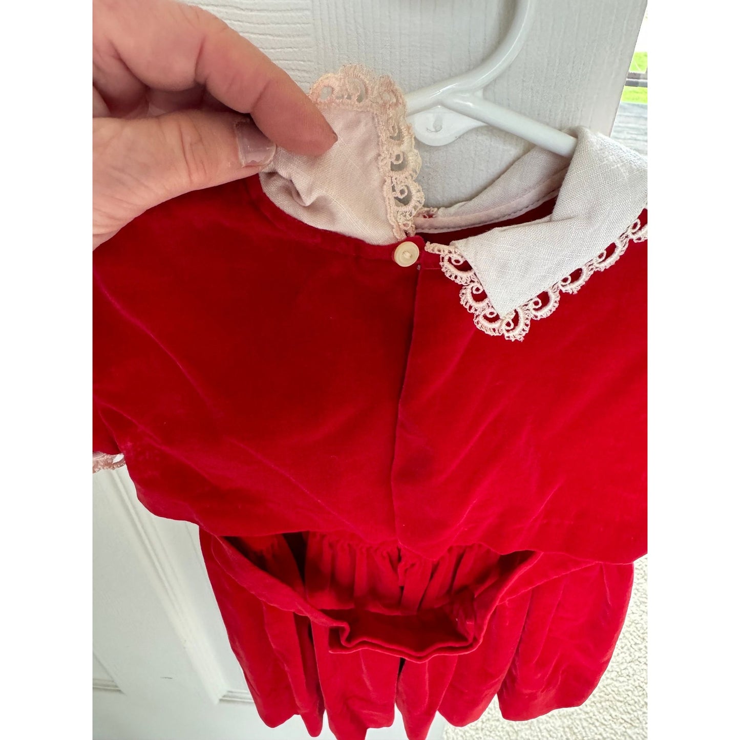 Vtg 1950s Girl's Red Velvet Dress With Matching Mini Jacket White Lace Collar 2 Piece Outfit Size 12 Mos.