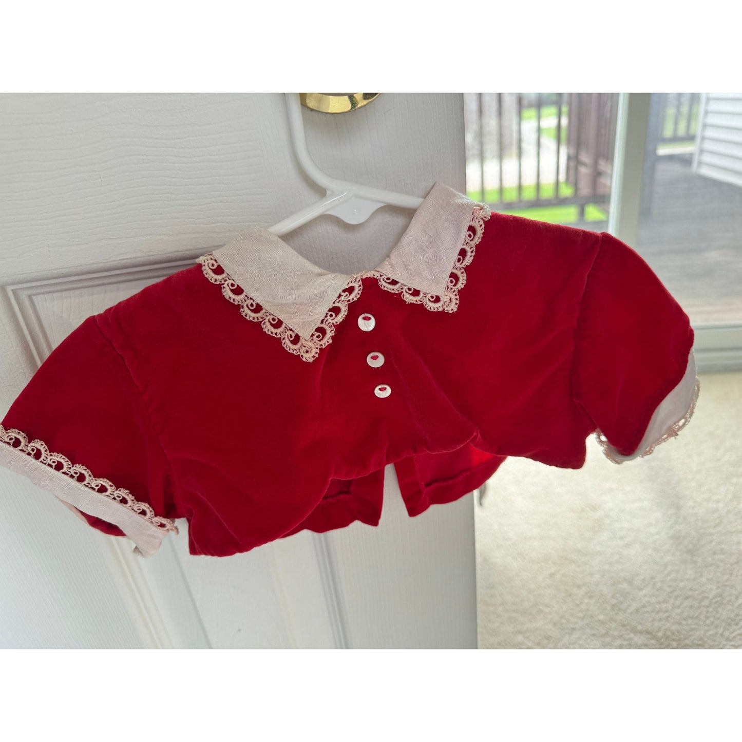 Vtg 1950s Girl's Red Velvet Dress With Matching Mini Jacket White Lace Collar 2 Piece Outfit Size 12 Mos.