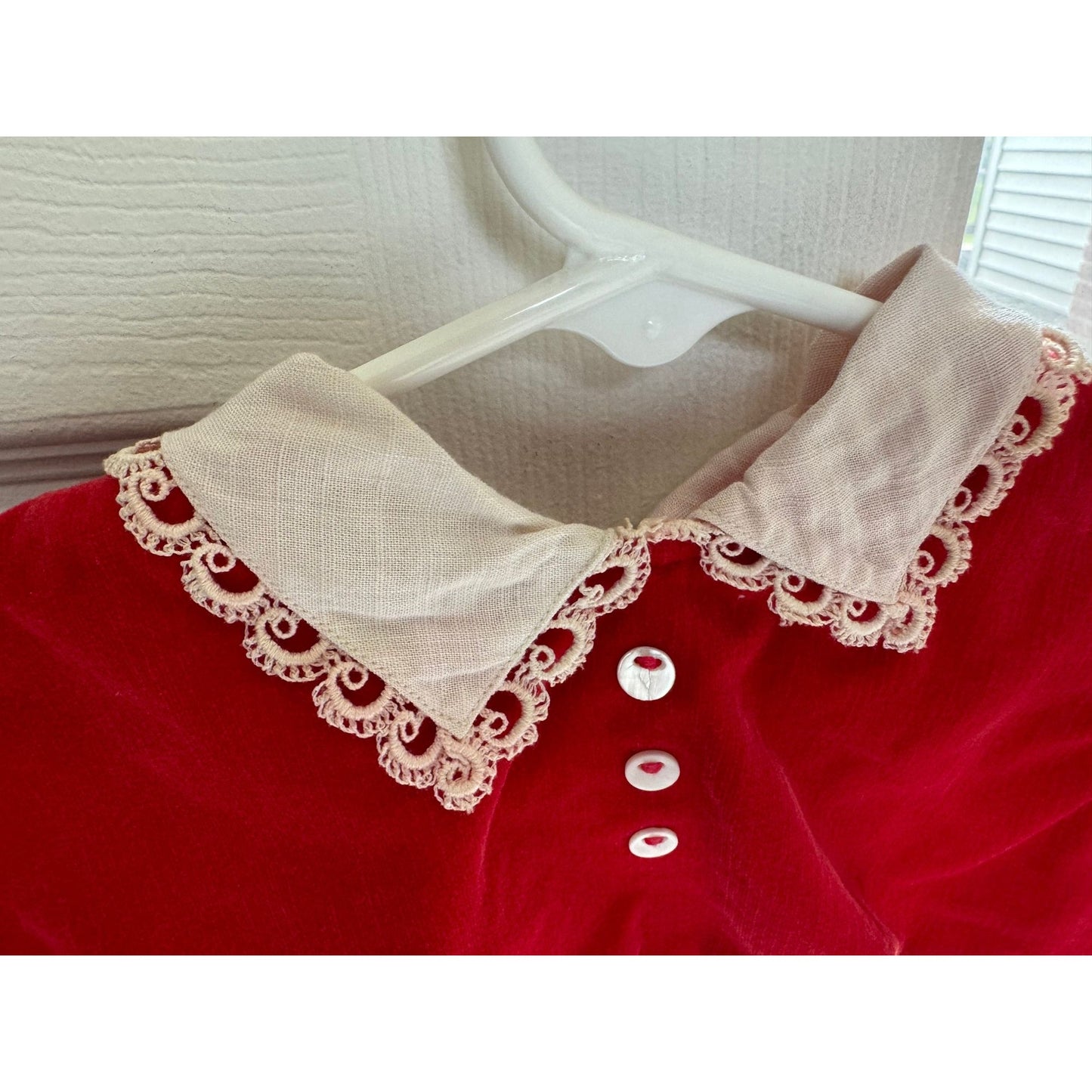 Vtg 1950s Girl's Red Velvet Dress With Matching Mini Jacket White Lace Collar 2 Piece Outfit Size 12 Mos.