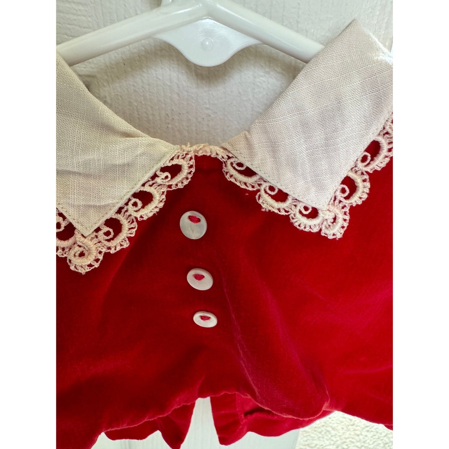 Vtg 1950s Girl's Red Velvet Dress With Matching Mini Jacket White Lace Collar 2 Piece Outfit Size 12 Mos.